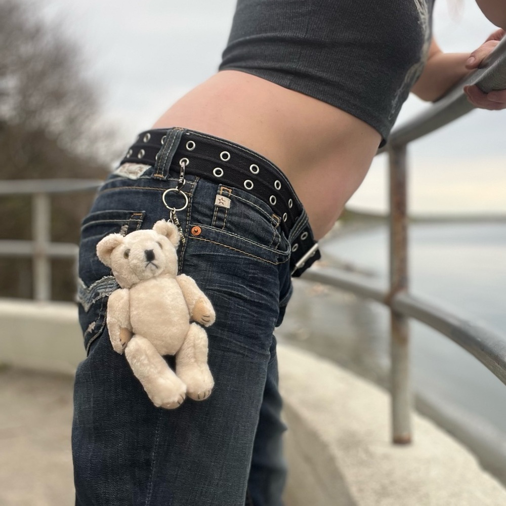Teddy Bear Bag Charm | Upcycled Mini Stuffed Jointed Bear Toy Keychain, Cross